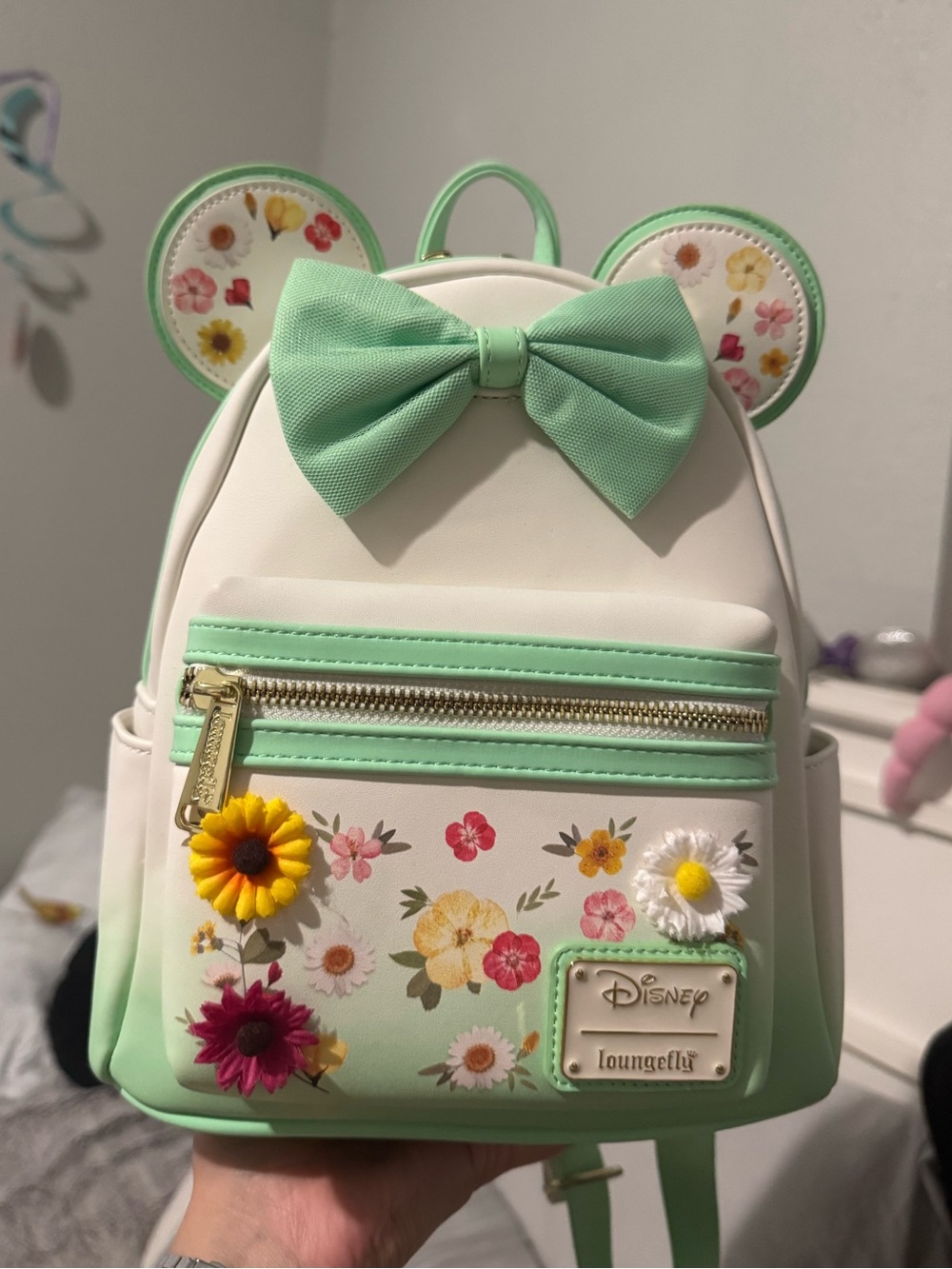 Disney Loungefly Floral Minnie Ear Backpack in Mint and White